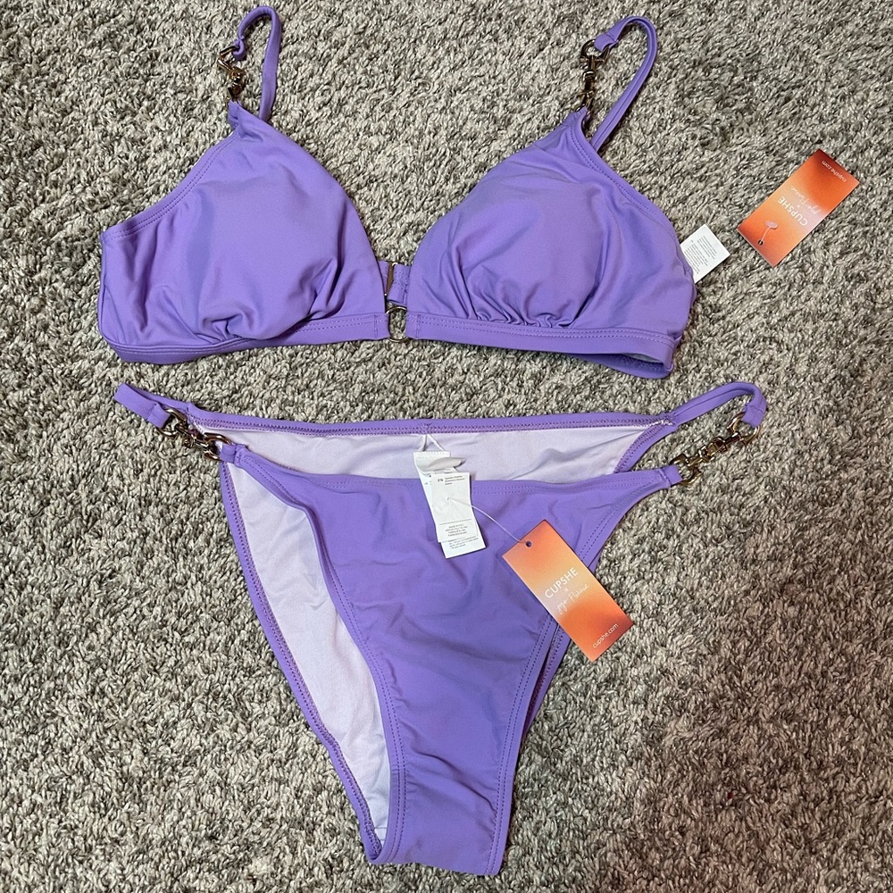 Cupshe X JoJo Purple o-ring bikini top and high cut bottoms set